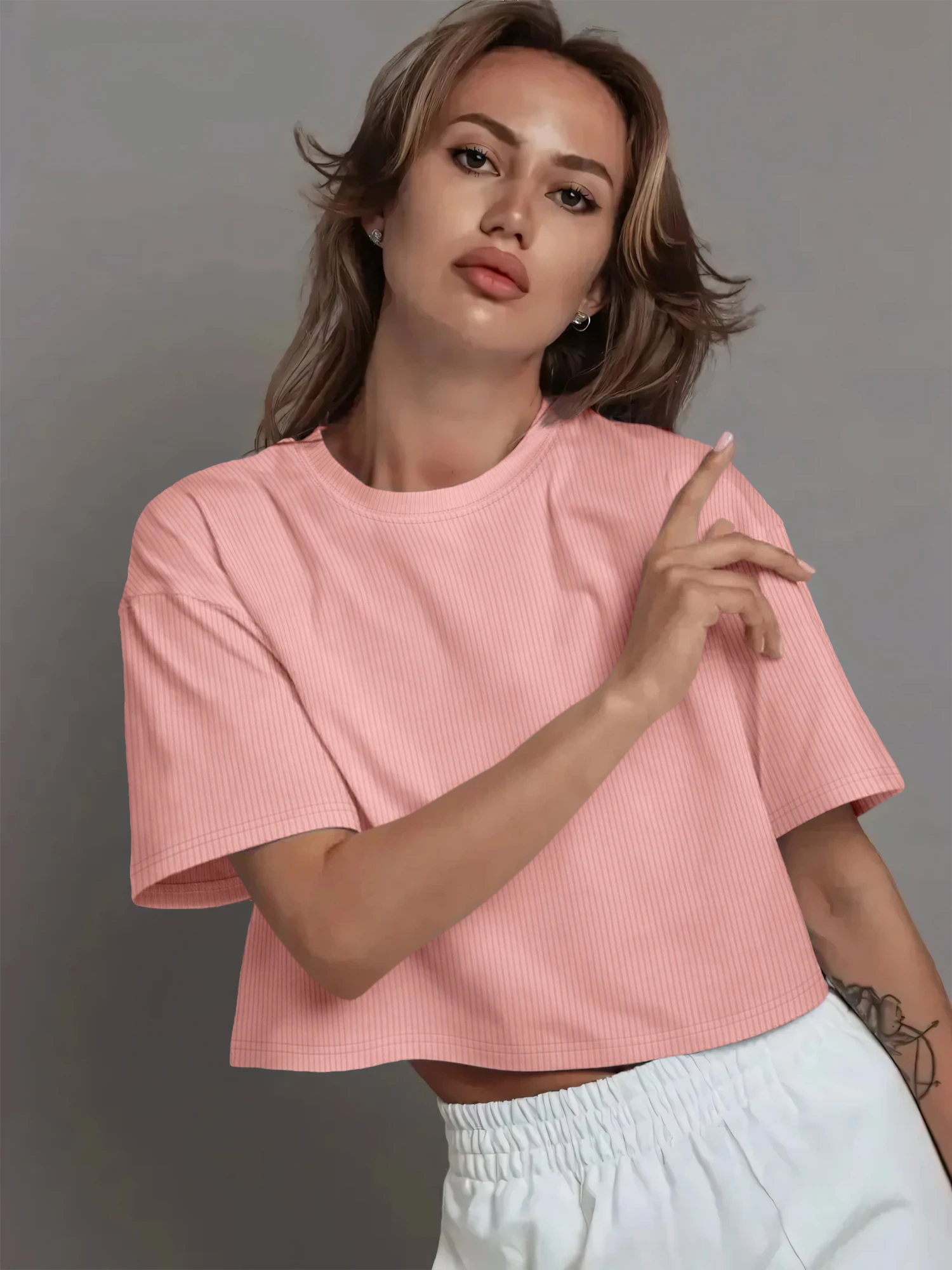 Gentle Casual Loose Fit Crop Top, Ribbed Short Sleeve Shirt for Picnic Gatherings & Day Trips