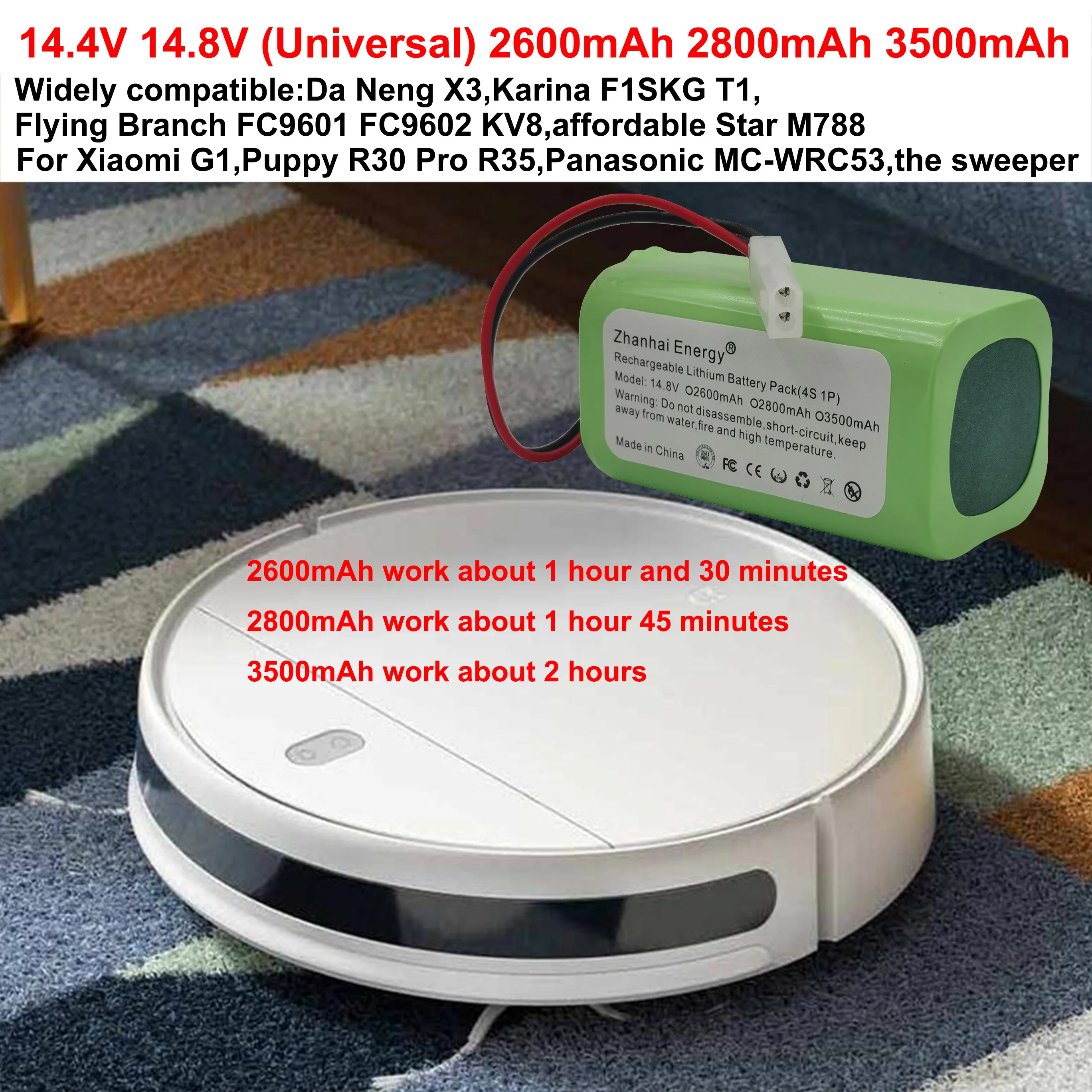 ロボット掃除機用リチウムイオンバッテリー,Xiaomi g1 Panasonic, MC-WRC53,r35,14.4v,14.8v,3500mah,2600mah