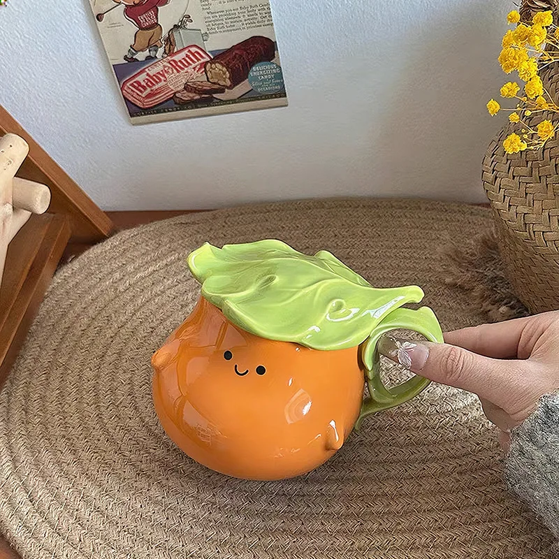 Fruit Ceramic Mug With Leaf Cup Lid, Innovative Cartoon Coffee Tea Cup With Microwave Function, Unique Desktop Water Cup