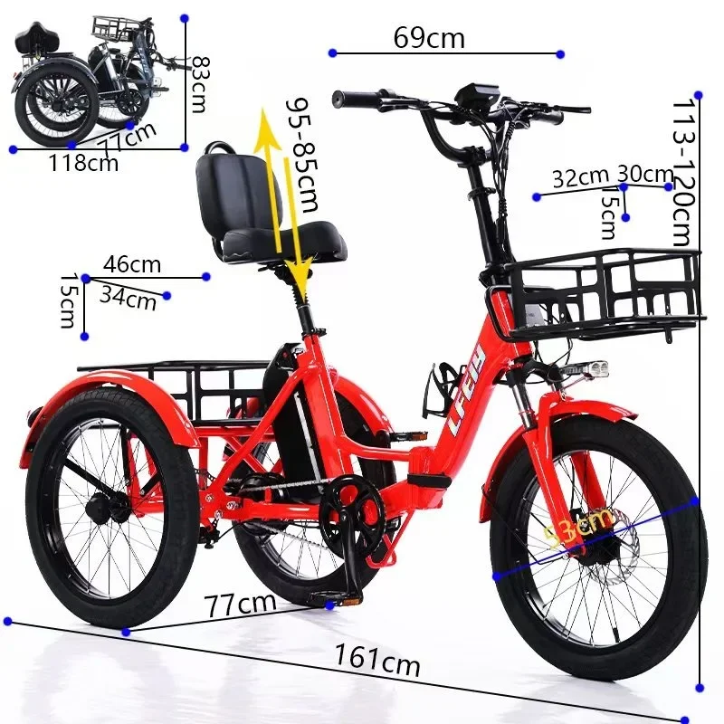 Folding electric tricycle 350W motor 48V13AH lithium battery fat tire snow electric tricycle dual drive cargo electric tricycle