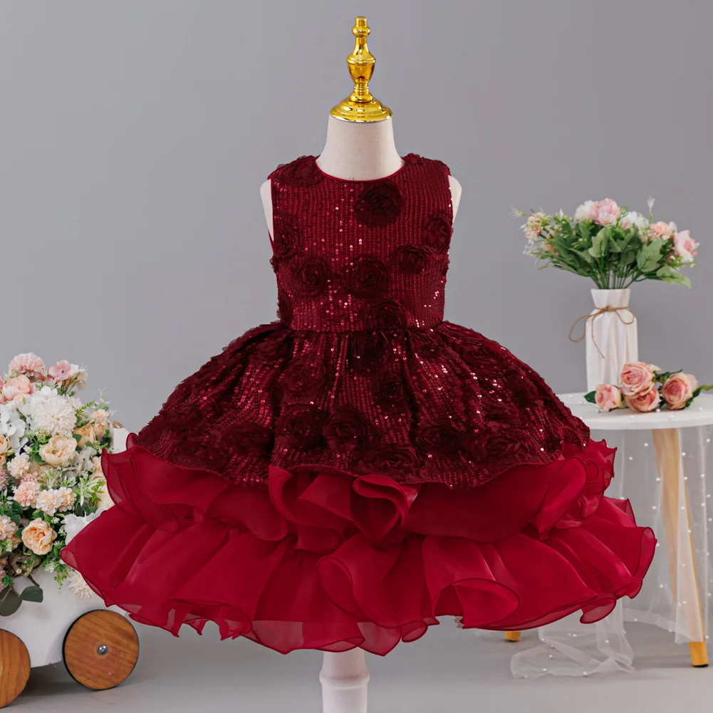Girls Sequin Puff Sleeve Princess Dress Baby Sweet Cute Birthday Dress Wedding Flower Girl Dress Stage show host catwalk elegant