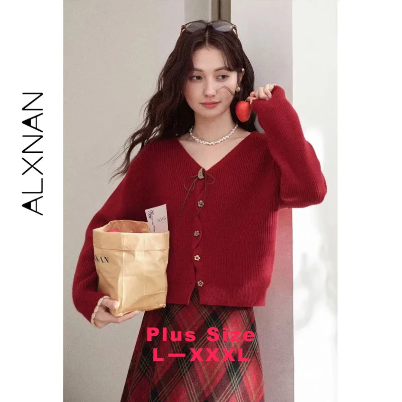 ALXNAN Plus Size Red Knit Cardigan Women 2026 Autumn Loose-fit V-neck Sweaters Casual Vintage Fashion Long Sleeve Tops D662300