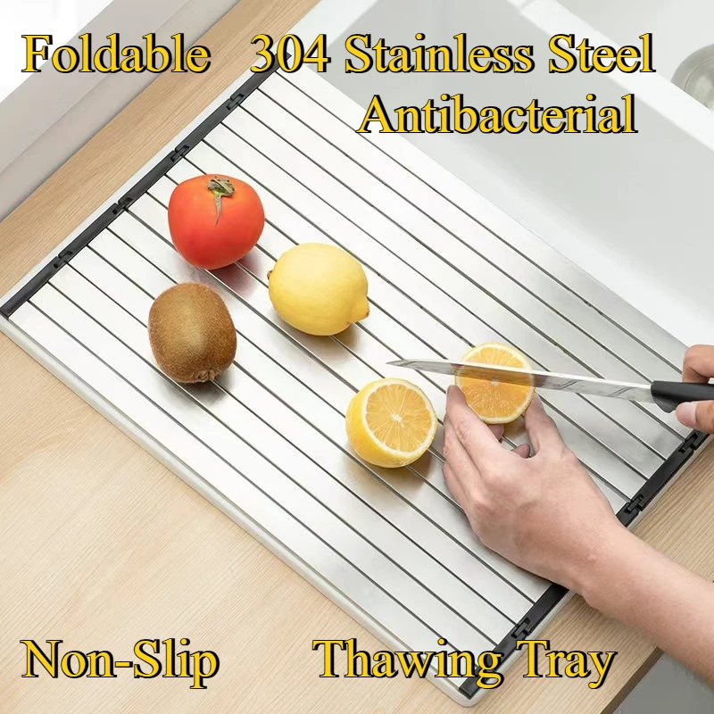 

Defrosting Trays Foldable 304 Stainless Steel Cutting Board Knife Holder Drain Rack Antibacterial Non-Slip Thawing Space Saving