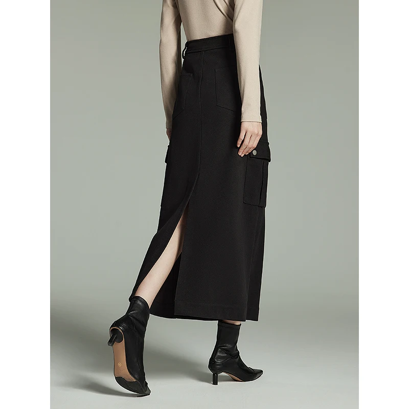 Toyouth Women Imitation Woolen Skirt 2023 Winter High Waist H-shaped Loose Multiple Pockets Fashion Warm Black Mid-length Skirt