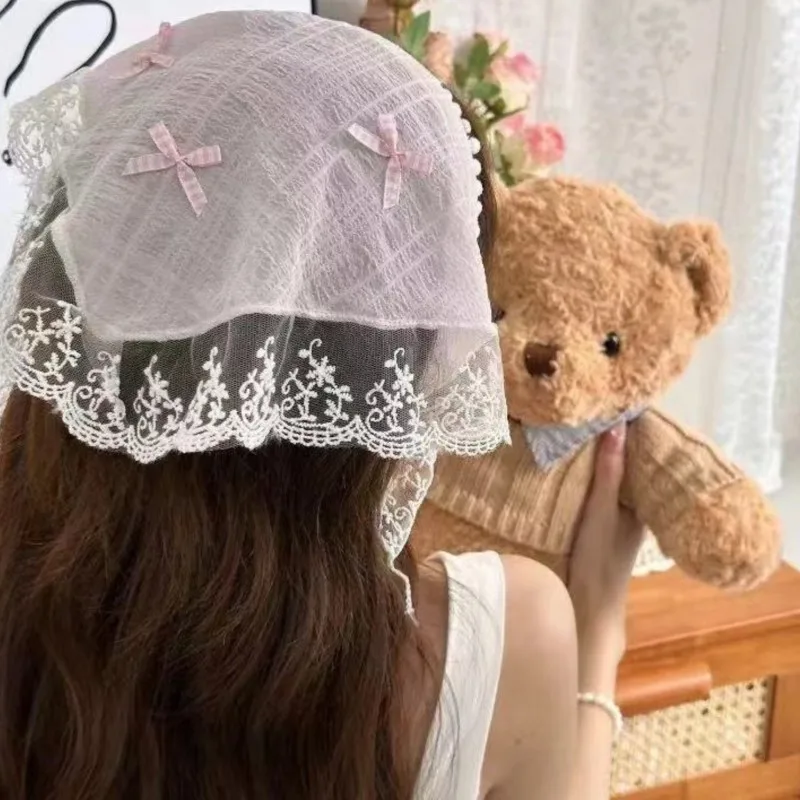 

Korean Lace Bow Retro Triangular Scarf Solid Color Headscarf Trend Elegant Headwear for Women Girl Y2K Jewelry 2024 INS Bandana
