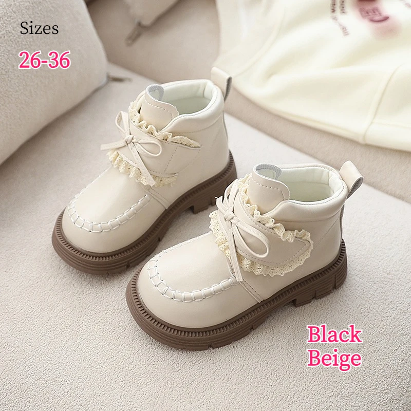 Girls Fashion Ankle Boots Ages 3-18 Years Old Beige Bow Lace Kids Footwear All Seasons Non-Slip Kids Baby Leather Boots Shoes