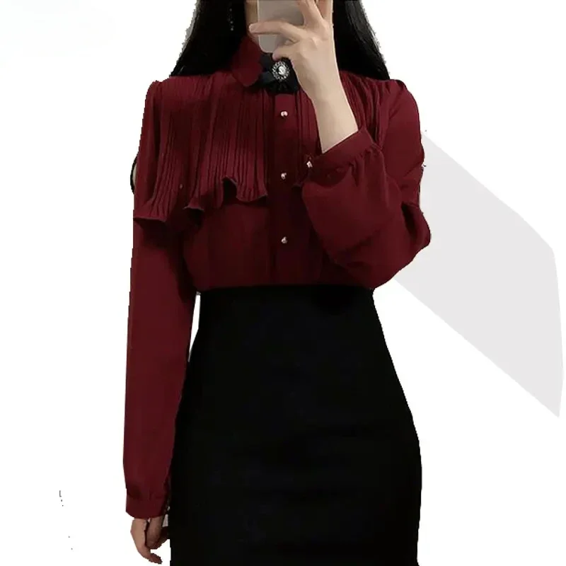 2024 Spring Women's Cute Sweet Vintage Ruffled Tops Hot Sales Button Elegant Formal Shirts Blouses White