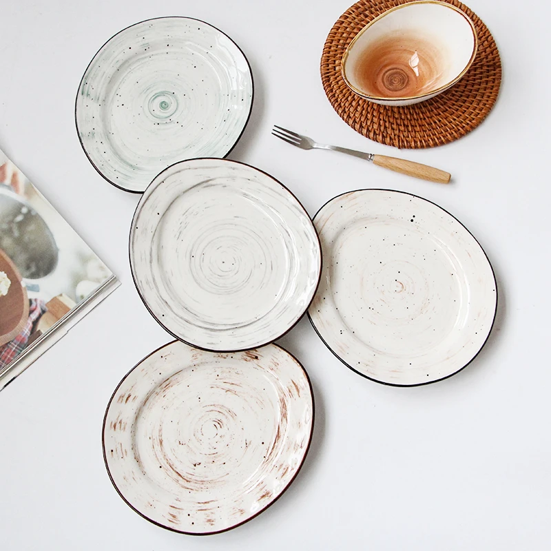 Assiette à motif spirale irrégulière japonaise, assiettes à collation en céramique de style Ins Home, assiette plate à encre éclaboussée, ustensiles de cuisine, 7 po