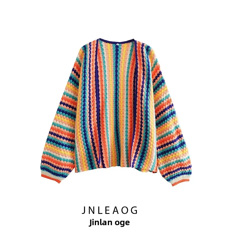 

JNLEAOG Autumn New Women's Casual Hand-Knitted Multi-Color Loose Knitwear Street Style V-Neck Long Sleeve Polyester Fiber