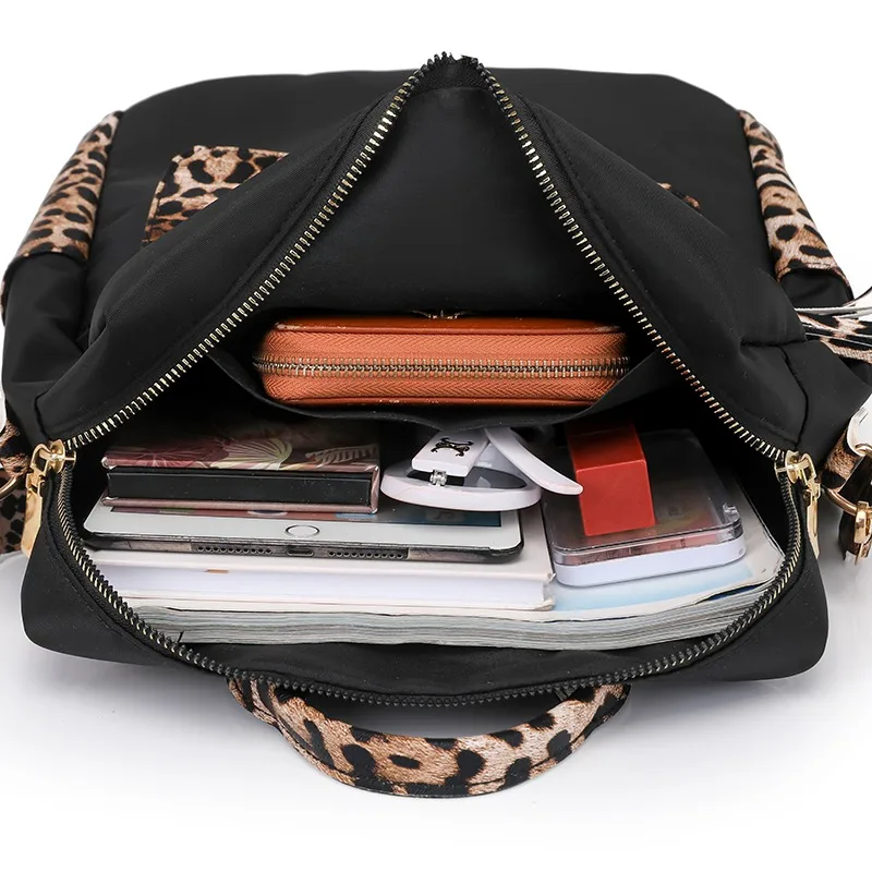 Fashionable Multi-function Leopard Backpacks for Women High Quality Luxury Tassel Backpack Lightweight Commute Nylon Travel Bag