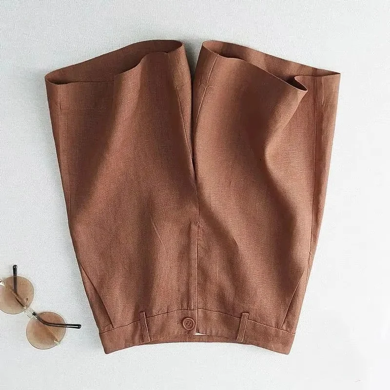 Spring Femme Five Point Wide Leg Shorts Korean Lady Fashion High Waist Cotton Linen Trousers Summer Women Straight Leg Pantalons