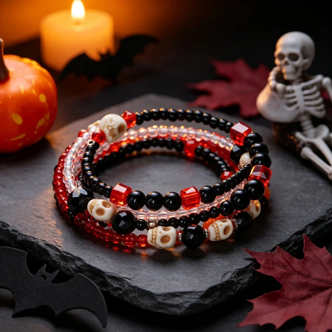 Skull Beaded Bracelet Skull Head Tail Not Close Together Skeleton Wrap Around Multi-Layered Stacked Bracelet