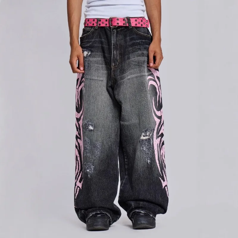 Deeptown Y2k Black Ripped Jeans Women Vintage Harajuku Print Baggy Distressed Denim Trouser Hip Hop Grunge Streetwear Wide Jeans
