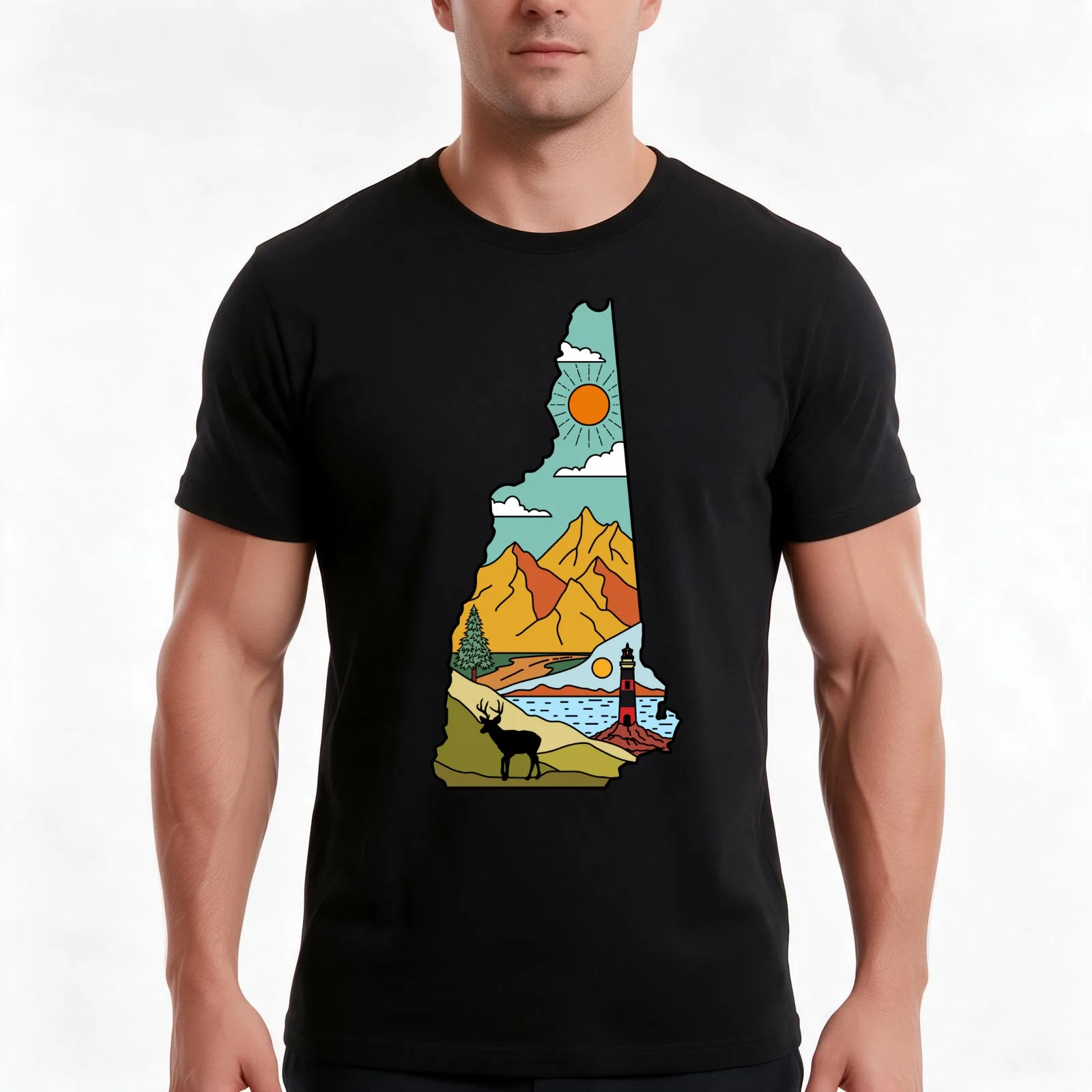 Retro New Hampshire Map - Lake Winnipesaukee White Mountain Souvenir T-Shirt, Summer Casual Cotton Tee, Vintage Graphic Print