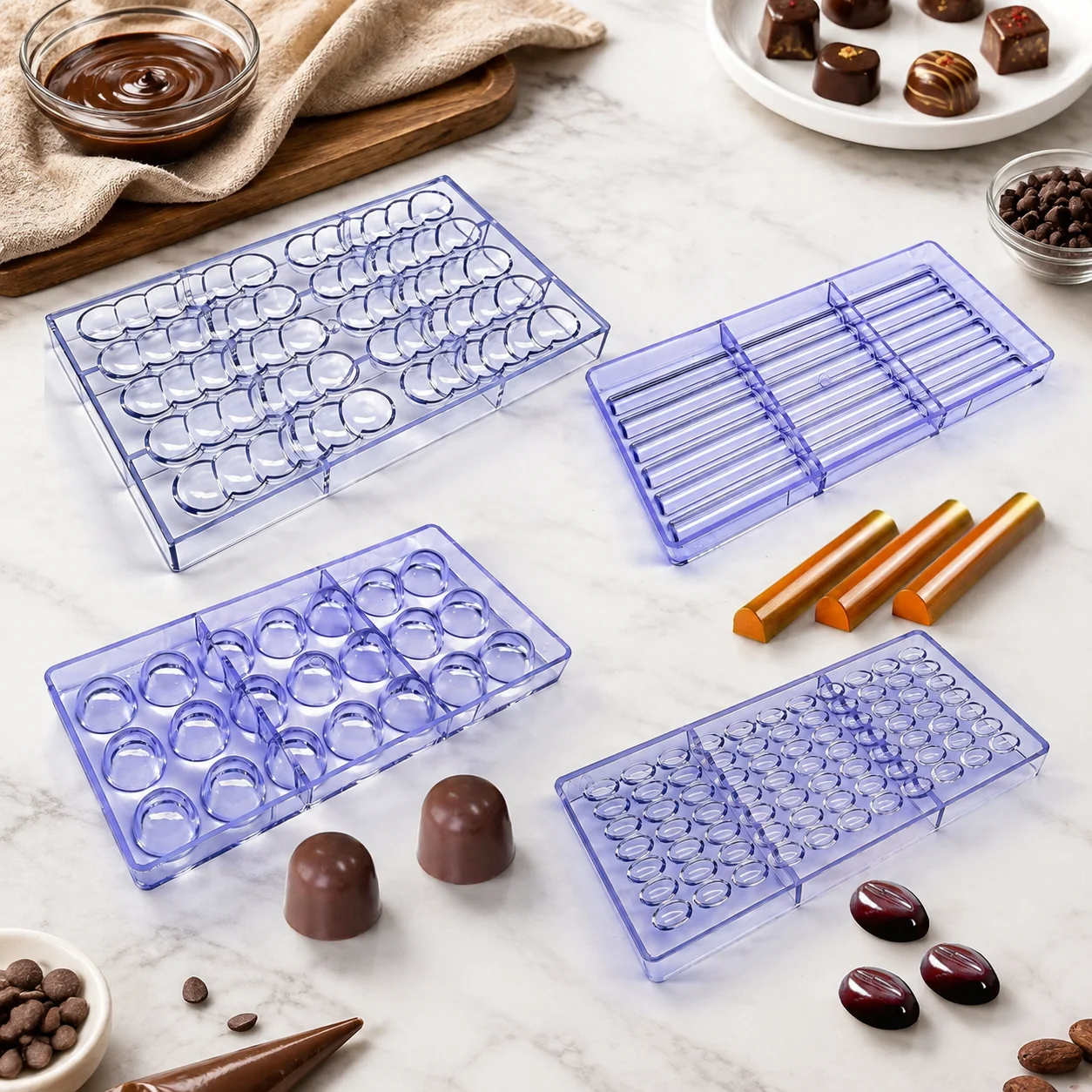 Polycarbonate Chocolate Mold Multi‑Shape, Heart Dome Cube Cylinder Bead‑String Gift Box, Reusable DIY Candy Confectionery Mould
