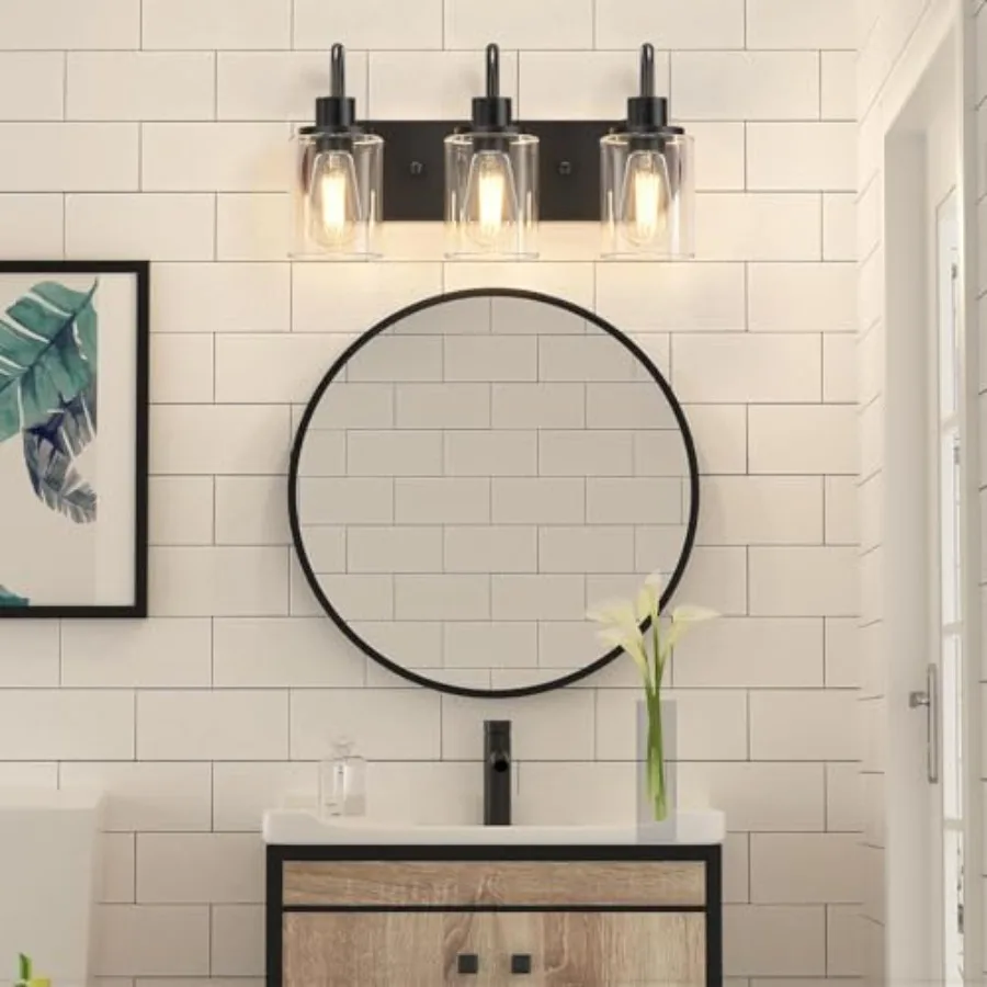 3-Light Bathroom Light Fixtures, Vanity Light Farmhouse Wall Sconces with Clear Glass Shade, Modern Bathroom Wall Lamp for Mirr view 5