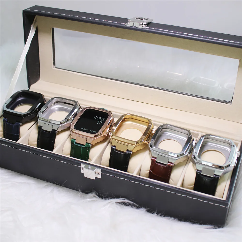 Luxury Stainless Steel Modification Mod Kit for Apple Watch 9 8 7 45mm Leather Strap Metal Case iWatch 6 5 4 SE 44mm Band Set