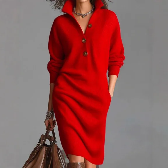 

2026 New Fashion Button Knitted Slim Dresses Women Spring Sexy And Elegant Solid Color Lapel Home Long-sleeved Dress For Women
