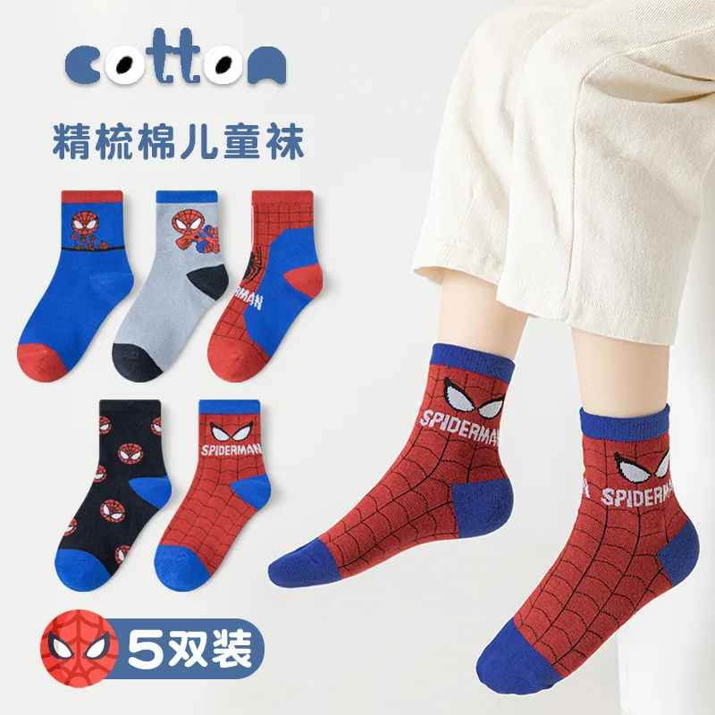 5 Pairs Children Socks Spiderman Anime Kids Boys Tube Socks Cartoon Baby Summer Spring Breathable Casual Soft Mesh Socks 1-12Y