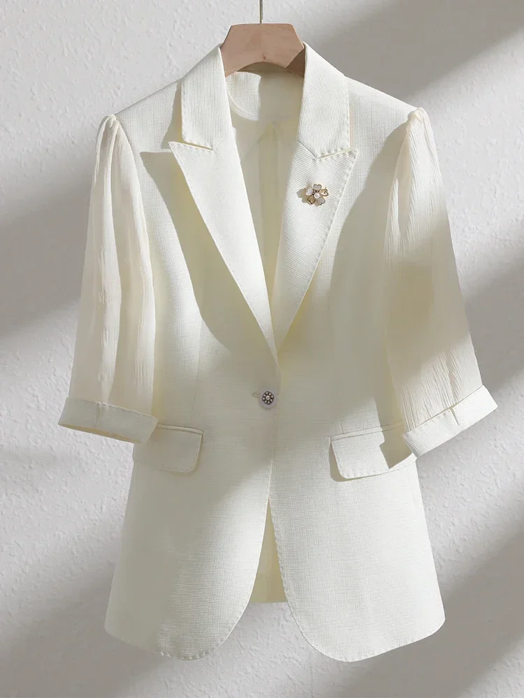 Zomer Lente Dames Dames Blazer Beige Groen Roze Halve Mouw Kantoor Dames Werkkleding Formele Jas