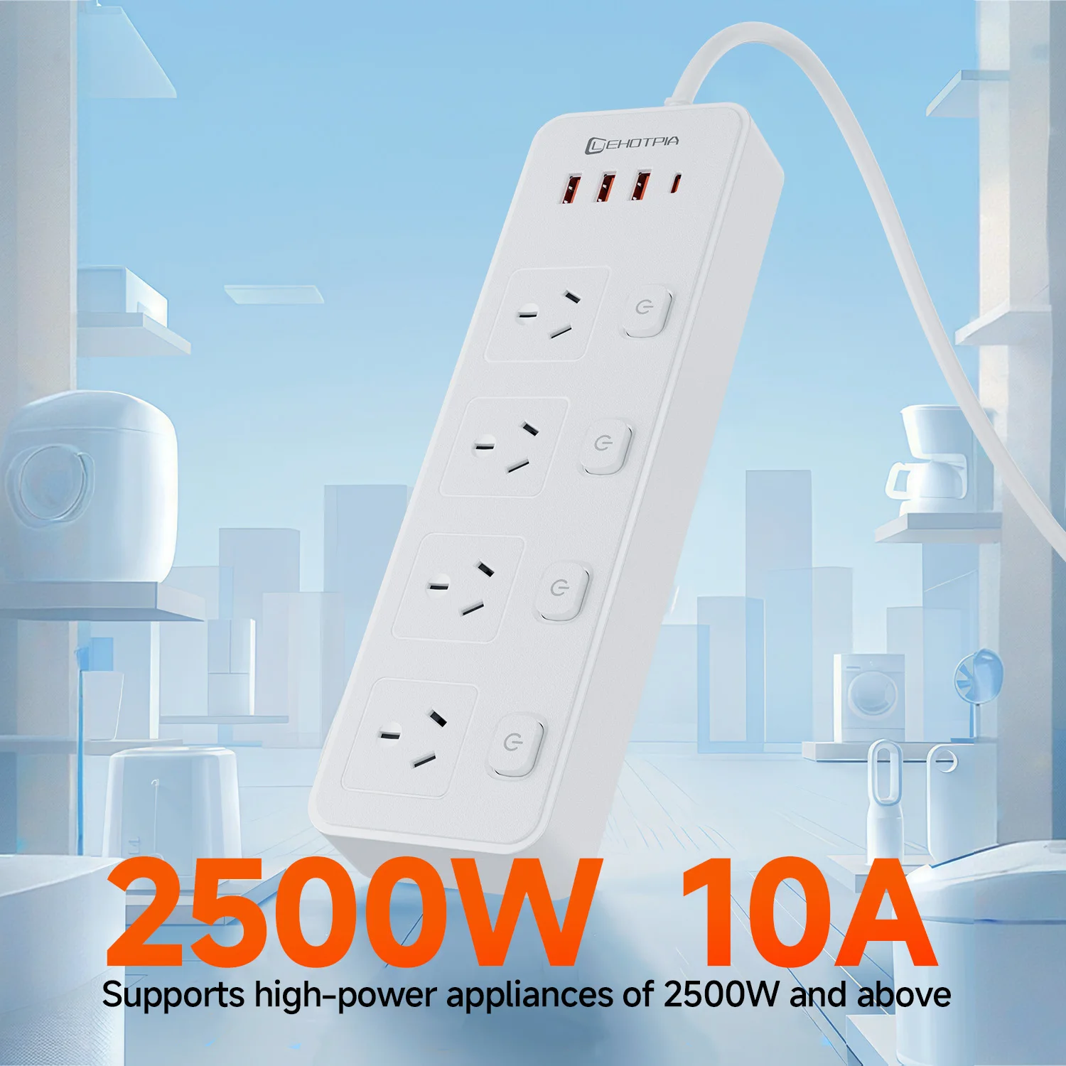 Australia AU Plug Socket Switch Network Filter 1.8m Extension Cord Multitap Independent AC Power Strip With USB C Charging Ports