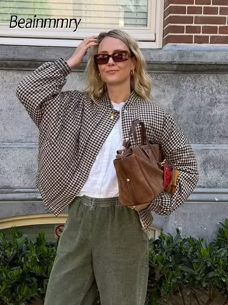 

Women Fashion Checked Cotton Jacket Casual Round Neck Zipper Pocket Loose Jackets Lady Winter Daily Commute Street Outerwears