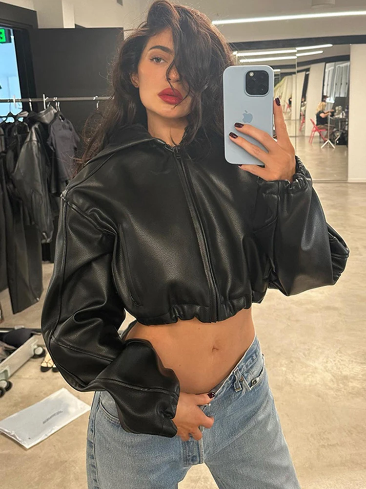 Aynaray 2023 Winter Autumn Women Moto Biker Leather Jacket Solid Black Long Sleeve Cropped Tops Outwear Coat Hoodies For Women