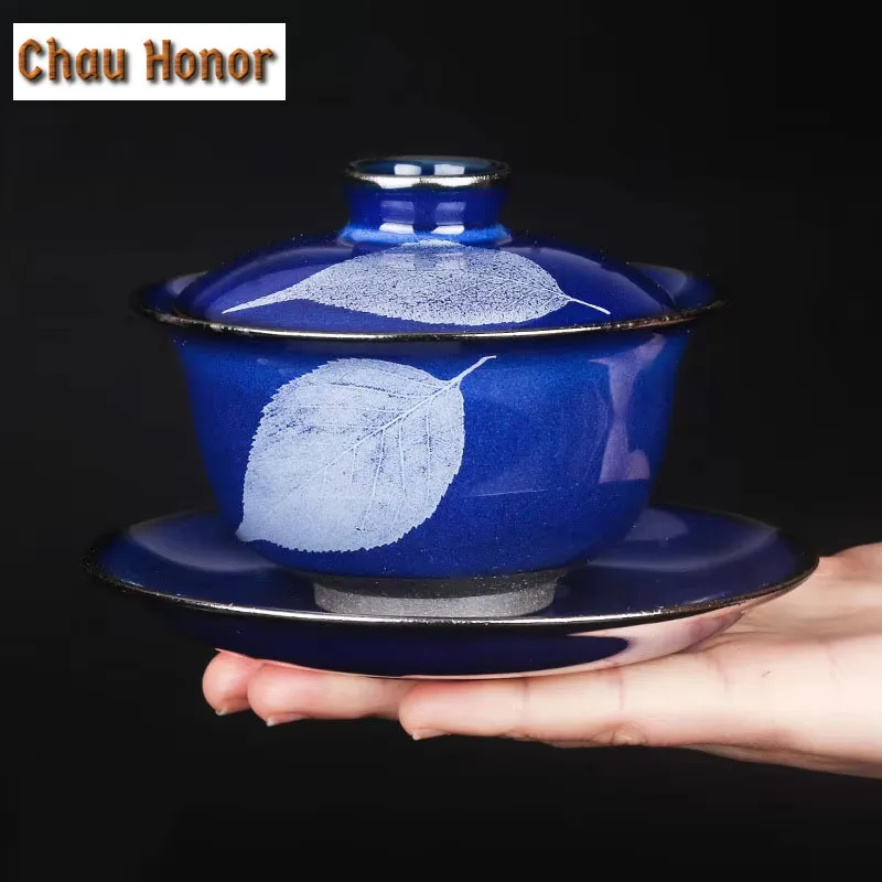 

175ml Handmade Kiln Change Tianmu Glaze Sapphire Gaiwan Zen Tea Tureen Tea Bowl With Lid Kit Tea Maker Cover Bowl Tea Collection
