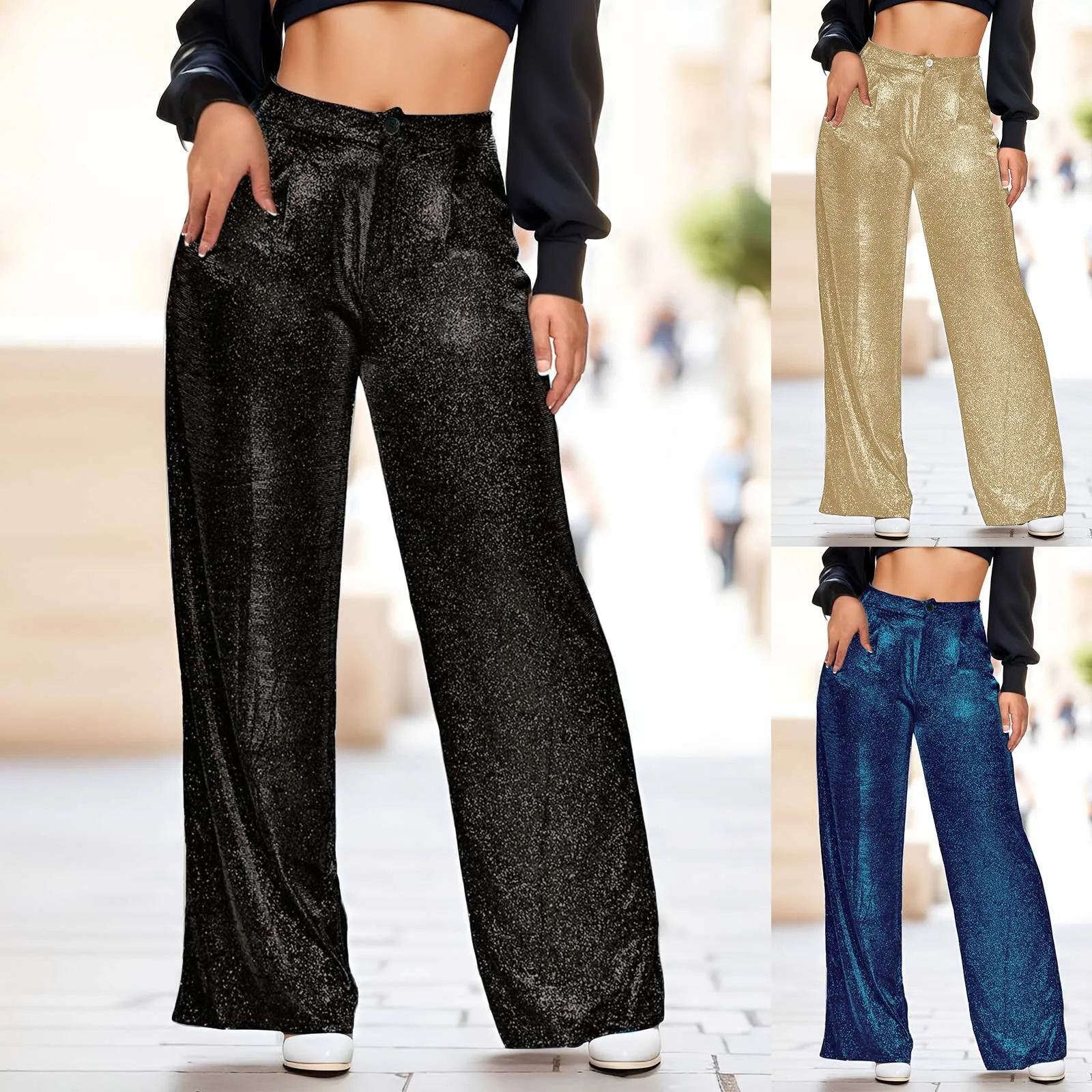 

New Sequins Fashion High Waist Women's Long Pants Vintage Stright Wide Leg Trousers Party Mardi Gras Sparkling Sequins Trousers