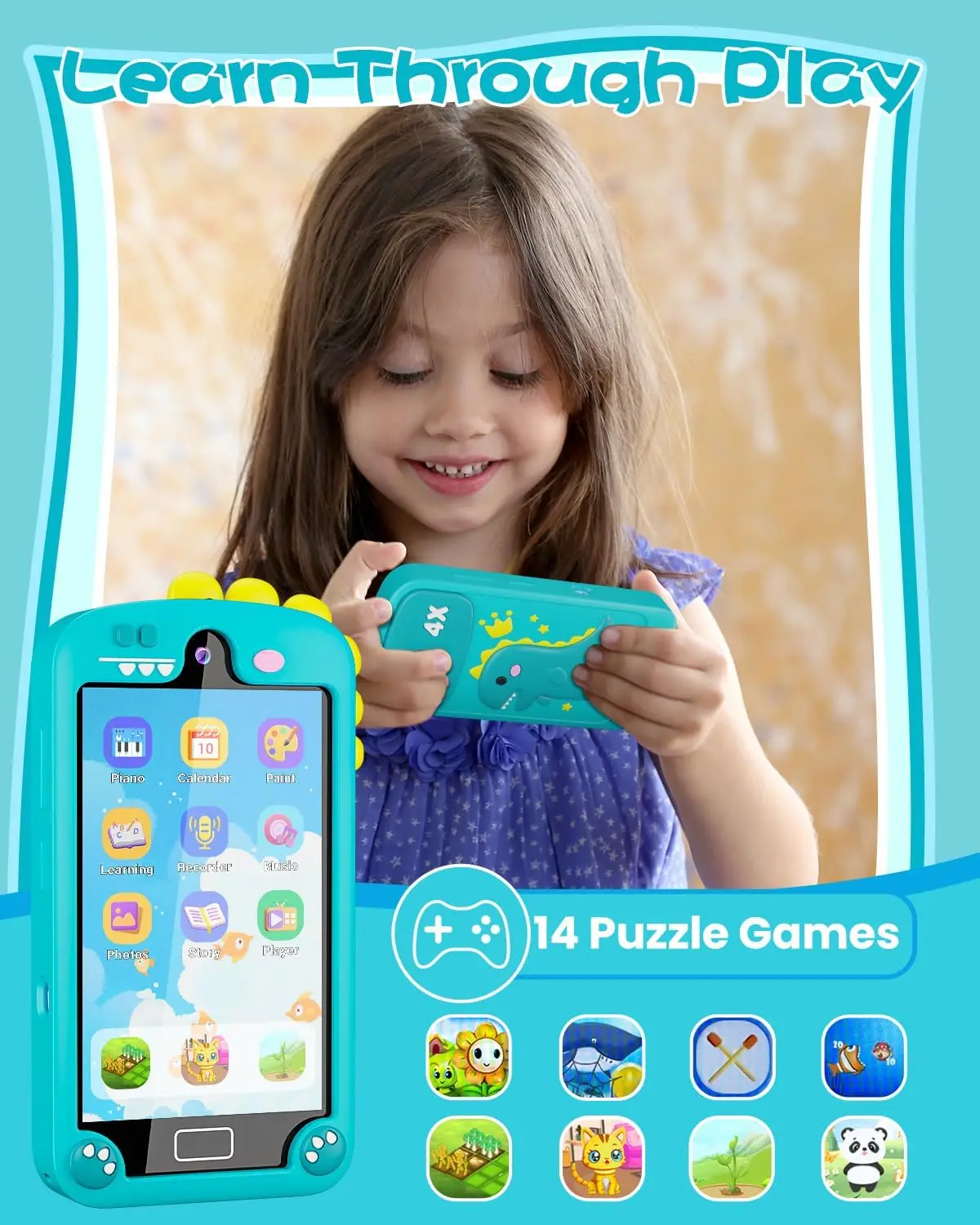 Kindersmartphone voor meisjes met 4,0 inch groot touchscreen, 32G-kaartcadeaus voor kinderspeelgoed, leerspeelgoed voor peuters, dubbele lens (cyaanblauw)