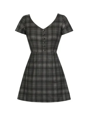 Ruibbit New Autumn Summer Preppy style Gothic Girls Sexy V Collar  Dress Grey Balck Plaid Women Mini Short Dresses