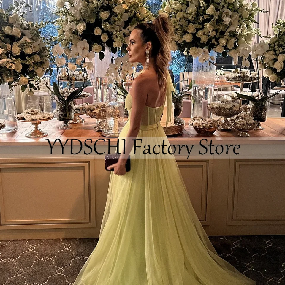 Cocktail Dress 2025 Sweetheart Strapless Evening Dress Yellow Crystal Beading High Slit Mermaid Sexy Pleated Wedding Party Dress