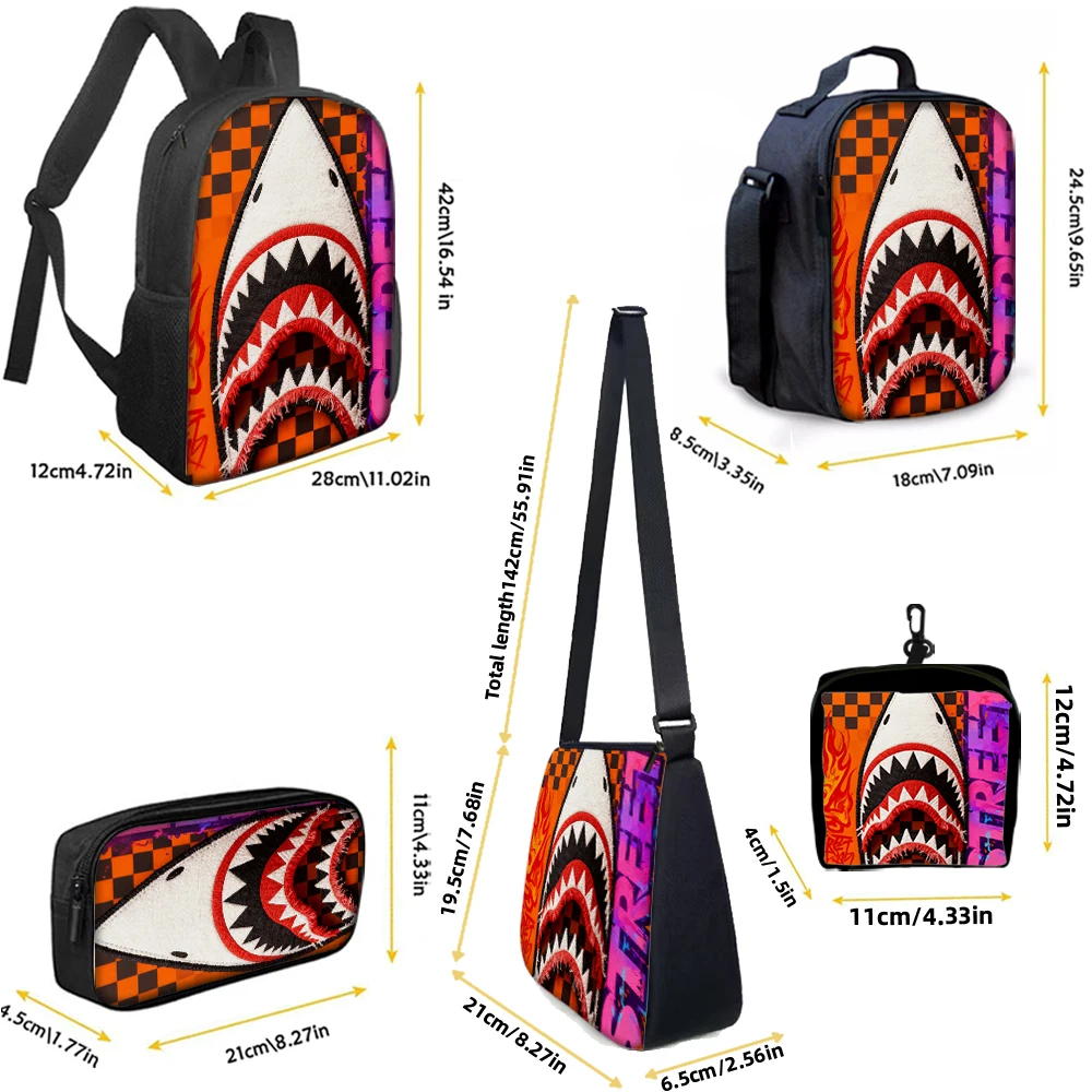 1/2/3/4/5PCS Trendy Shark Graphic Backpack Set | Perfect for School & Daily Adventures