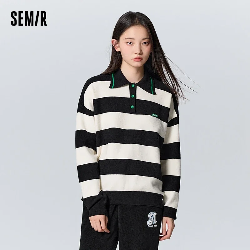 

Semir Sweater Women Polo Collar Sweater Loose Trendy Winter Casual Black and White Striped Cool Fashionable Bottoming Shirt