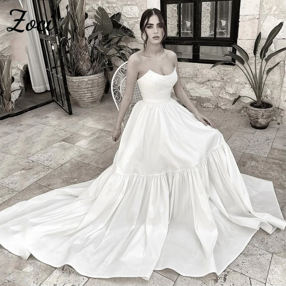 Zoci Unique Neck A Line Wedding Dresses Customized Strapless Satin Bride Dress Saudi Arabic Dubai Backless Women Bride Dress