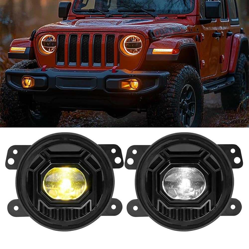 4 Inch Dual Color White Yellow LED Fog Lights Aftermarket Driving Lamps Fits JT JL 4xe 2018-2024 Offroad Exterior Accessories