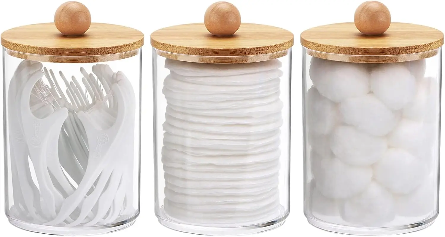 

10 Oz Cotton Swab Holder, Qtip Apothecary Jar with Wood Lids, Clear Bathroom Storage Dispenser 3 Pack