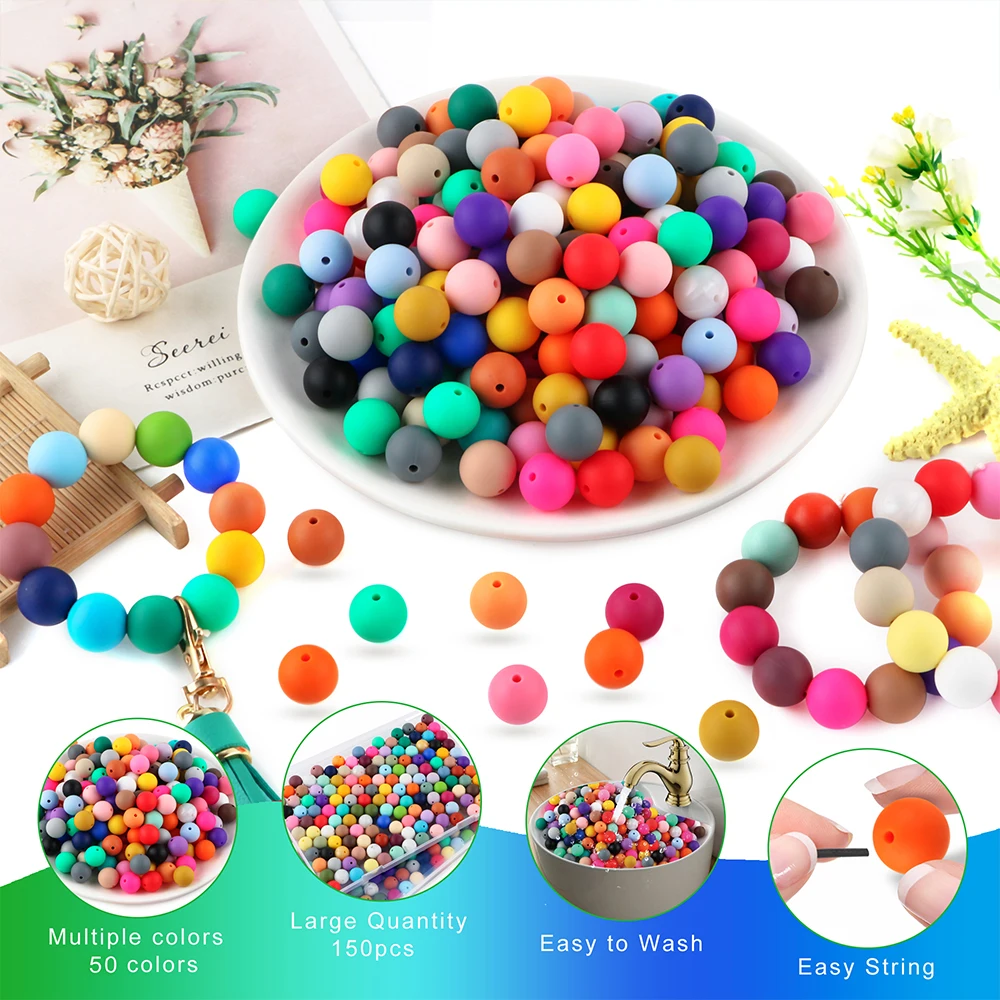 

50PCS 9MM/12MM/15MM Silicone Beads Round Loose Mix Print Beads For Jewelry Making DIY KeyChain Pen Bracelet Necklace Accessories