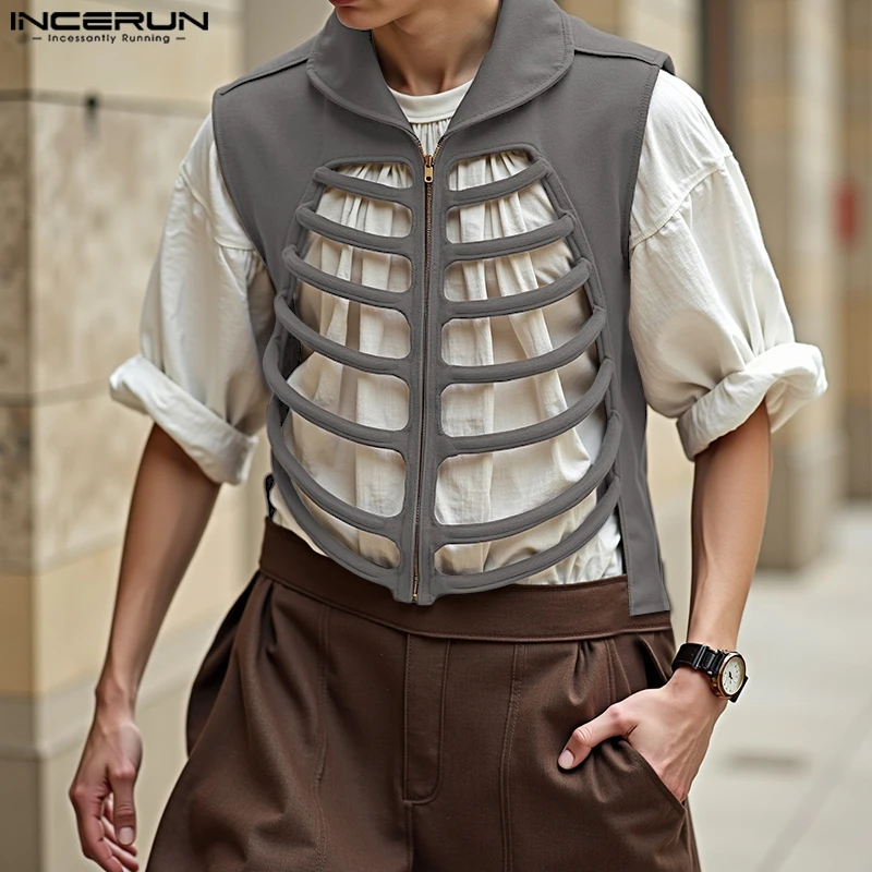 INCERUN Men Vests Solid Color Lapel Sleeveless Hollow Out Male Waistcoats Summer Streetwear Zipper Fashion Casual Vests S-3XL