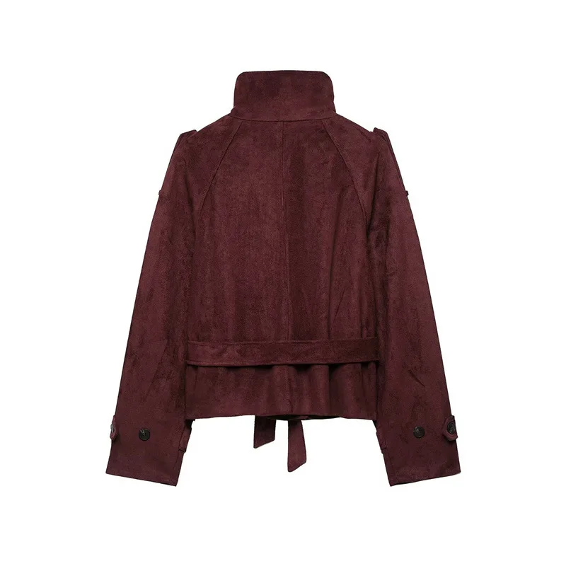 NINE ZAR Women's Jacket Coat with Belt Velvet Texture Stand Collar Short Outerwear Long Sleeve Double Button Closure Female