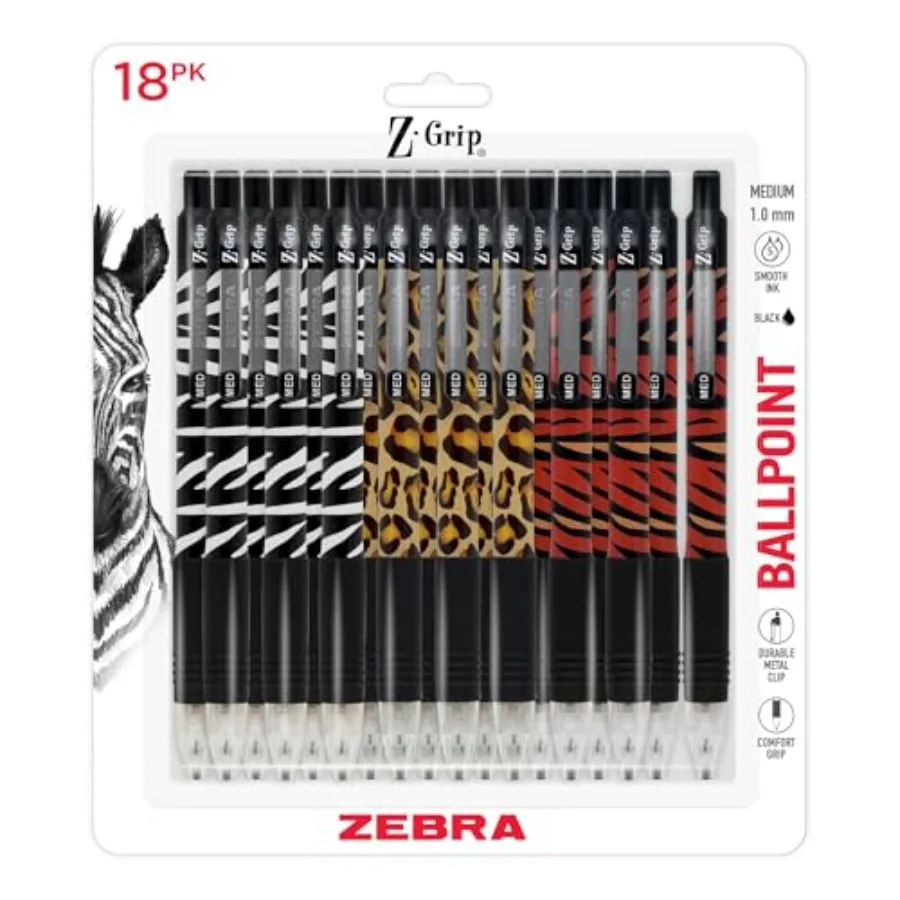

Z-Grip Retractable Ballpoint Pen, Smooth-Flowing Black Ink, 1.0mm Medium Point, Animal Print Barrels, Teacher, School and Offic