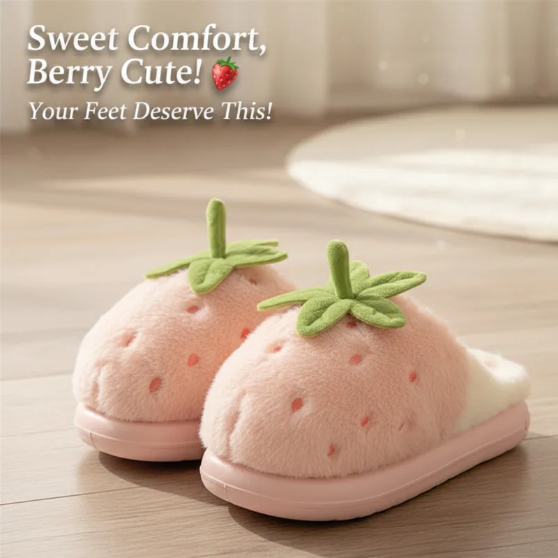 

Y2K Strawberry Plush Slippers Women Winter Cotton Shoes Cute Fruit Non Slip Thick Sole Warm House Shoes Fruit House Slippers New
