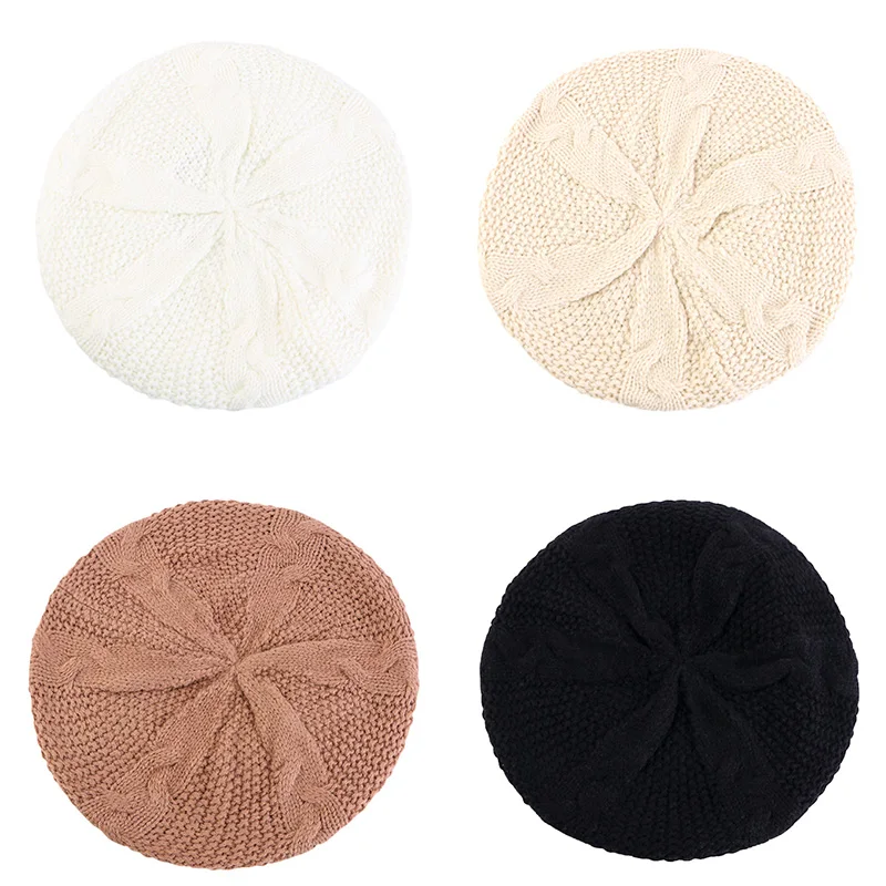 New Women Casual Plain Color Knitted Beret Hat Winter Warm Vintage Wool French Artist Beanie Cap Painter Hat Girls Acrylic Hat