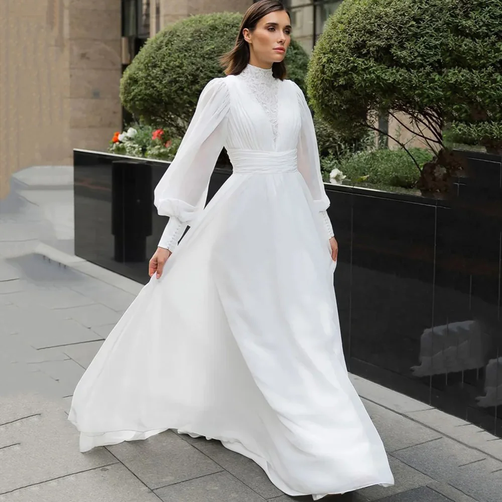 Customized Muslim Exquisite	Ivory A-line Wedding Dresses High Collar Fulle Applique Draped Pleat Brideing Gown robe de mariée