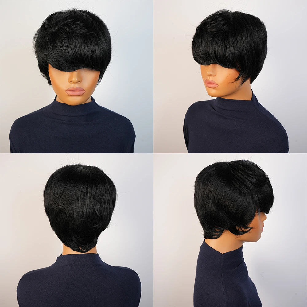 Короткие прямые парики из натуральных волос Парик с стрижкой пикси с предварительно выщипанной челкой Бразильские волосы для женщин Полный машинный парик с прямой кепкой