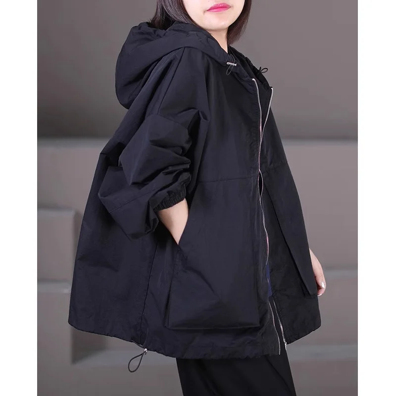 

Female new autumn plus size Korean style short jacket literary drawstring hooded zipper diagonal pocket casual loose trench