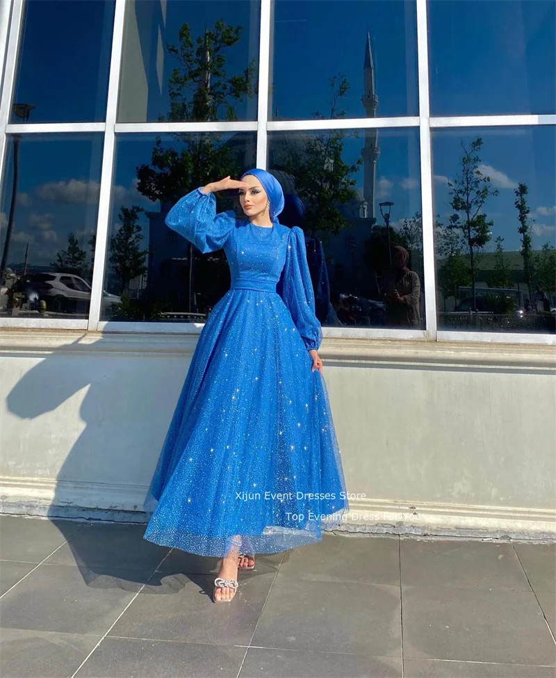 Xijun Blue Glitter Prom Dresses Long Sleeves A-Line Evening Dresses Modest Dubai Arabic Women Prom Gowns Formal Moroccan Kaftan