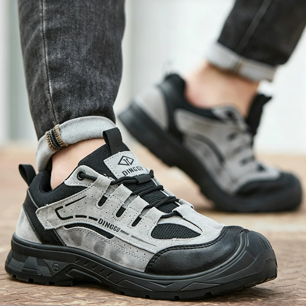 

Men Anti scald spark resistant cowhide Safety Work Shoes Anti-smash Anti puncture Work Sneakers Steel toe shoes Wear-resistant
