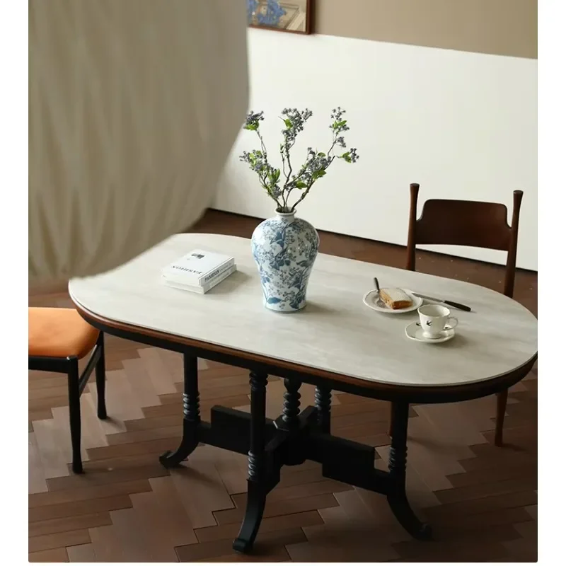 Simple Retro Living Room Rock Plate Cave Stone Oval Dining Table Solid Wood French Retro Nanyang Style