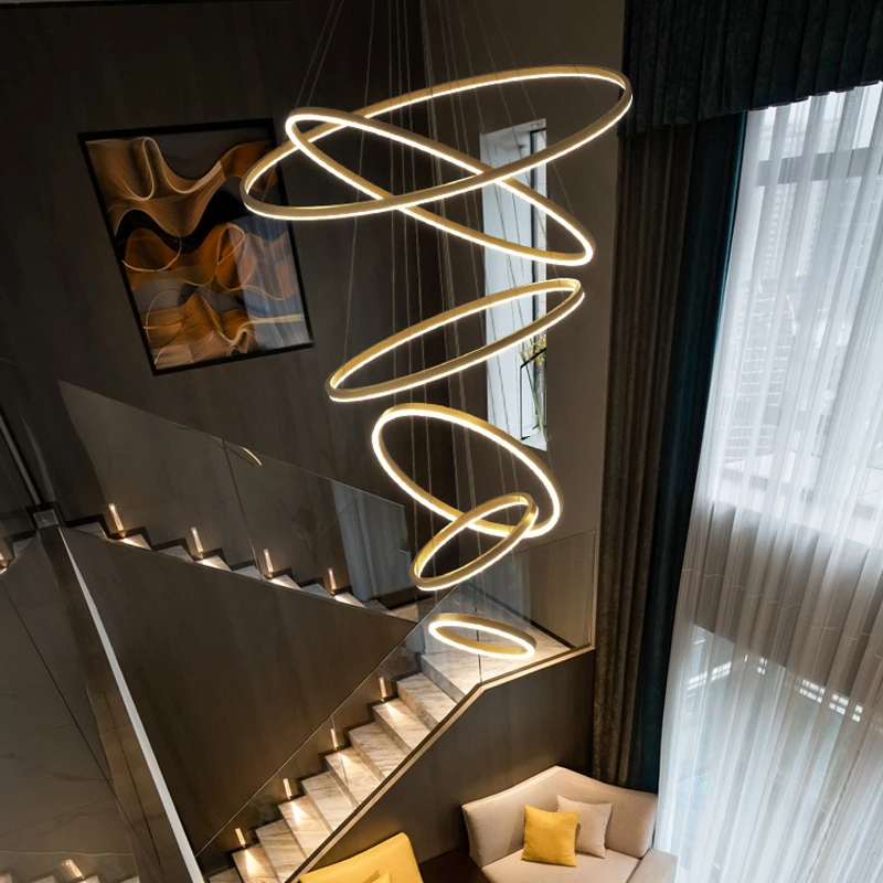 Living Room, Villa, Duplex Building, Large Chandelier, Modern And Simple LED Ring Chandelier, Dining Room, Bedroom Chandelier